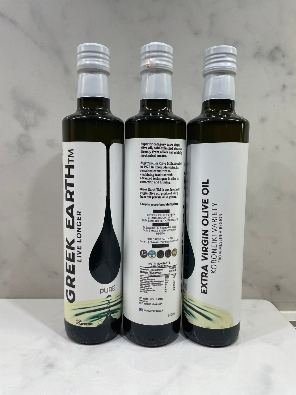 Single bottle of Greek Earth Extra Virgin Olive Oil