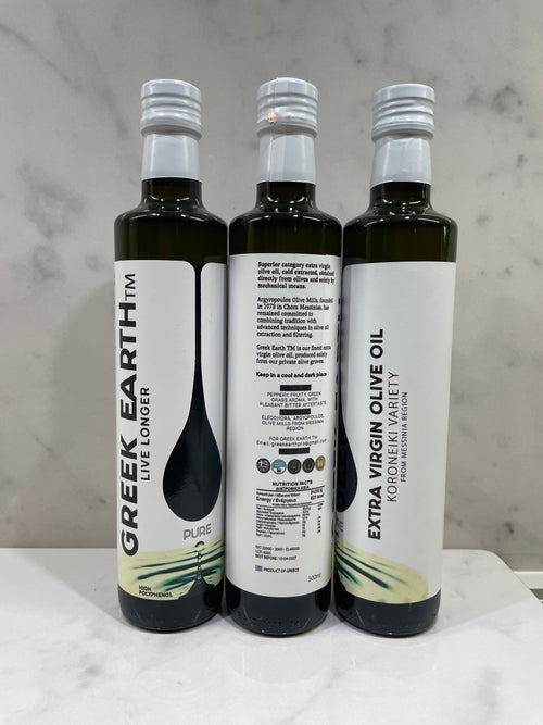 Single bottle of Greek Earth Extra Virgin Olive Oil